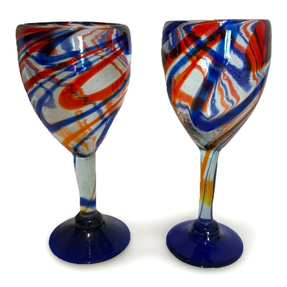 Bejines Mexico Hand Blown Glass Goblets Red Blue Swirl 7.75" Beautiful Set of 2
